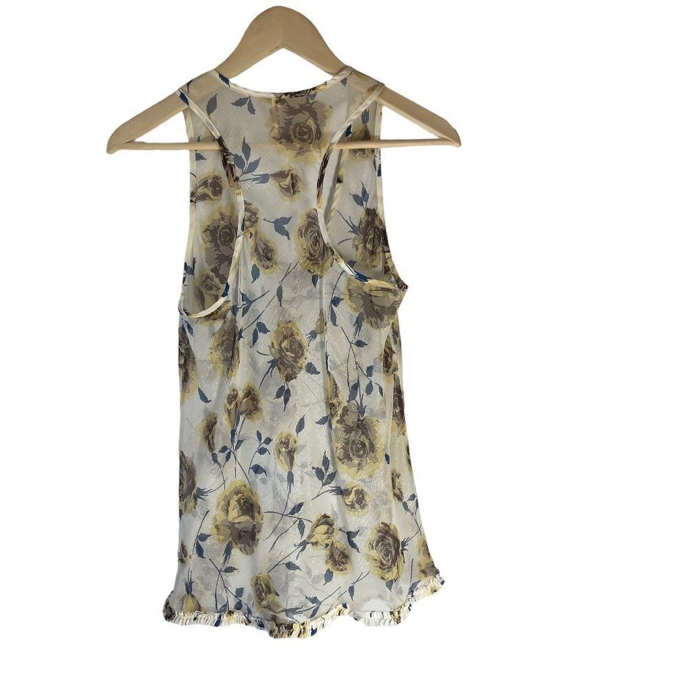 Tom K Nguyễn Sheer Metallic Floral Tank Top Ruffle Trim Sz S - Picture 5 of 7